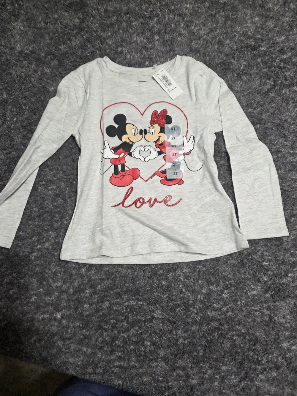 Old Navy Light Gray Long Sleeve Tee with Mickey & Minnie Red Accents